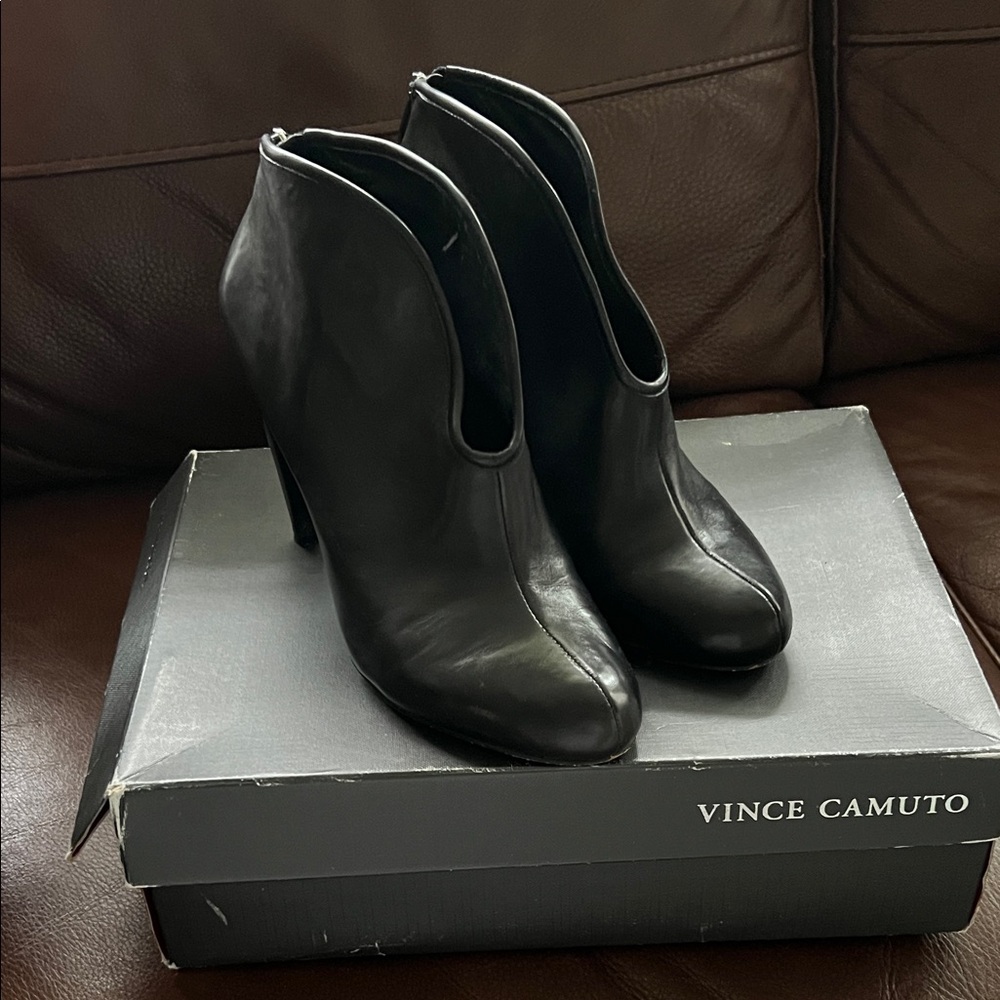 Vince Camuto Black Leather V-Cut High Heel Ankle Booties